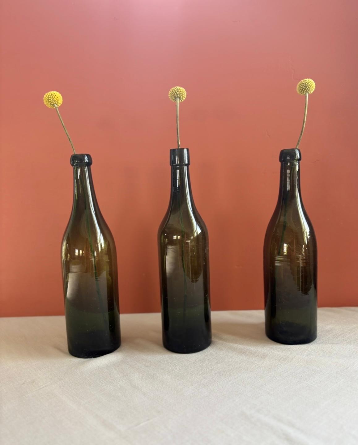 Vintage French Wicker Picnic Basket, Silver Plated Meat Fork, & Three glass wine bottles