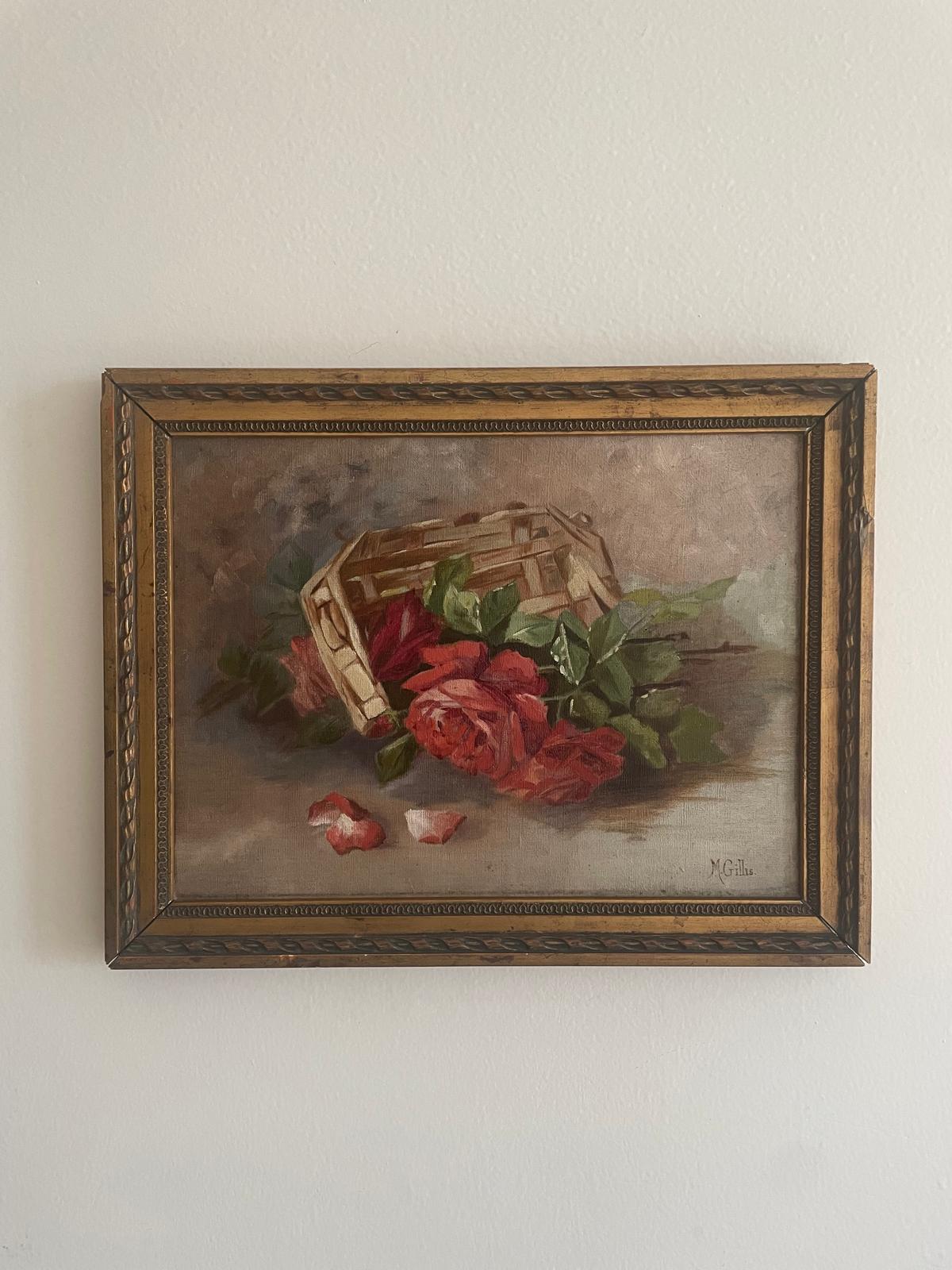 Fruit Still Life on Board signed J. Favet/ M. Gillis Roses & Panier (KK)