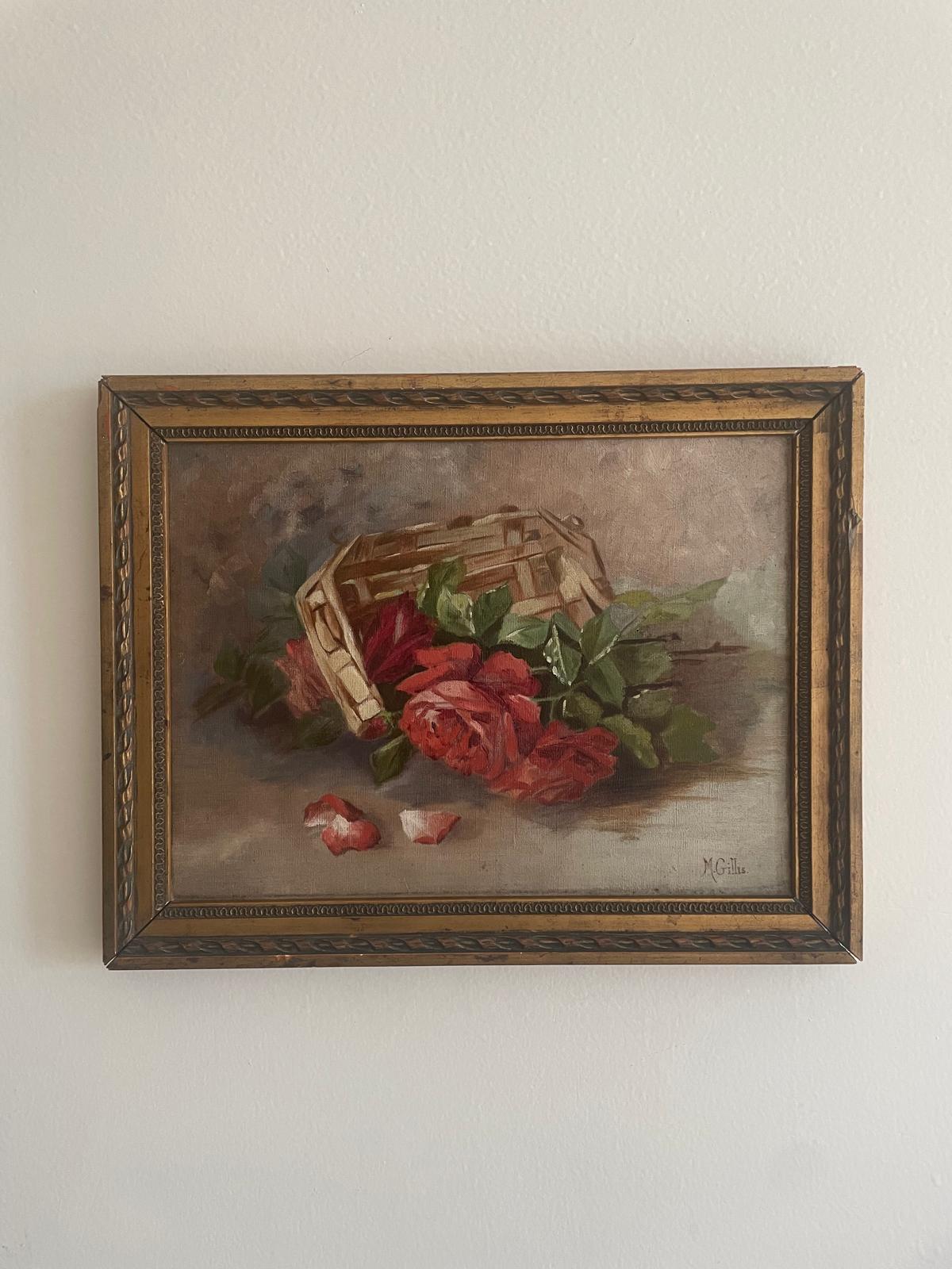 Fruit Still Life on Board signed J. Favet/ M. Gillis Roses & Panier (KK)