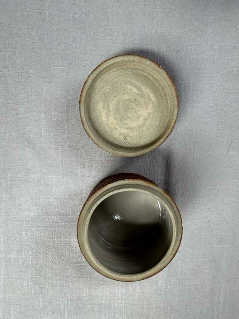 Antique Ceramic Drip(Staples), Cream Lidded Ramequin, Textured Brown Pottery Canister, Plant Stand - Collector & Curator