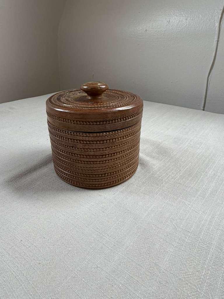 Antique Ceramic Drip(Staples), Cream Lidded Ramequin, Textured Brown Pottery Canister, Plant Stand - Collector & Curator