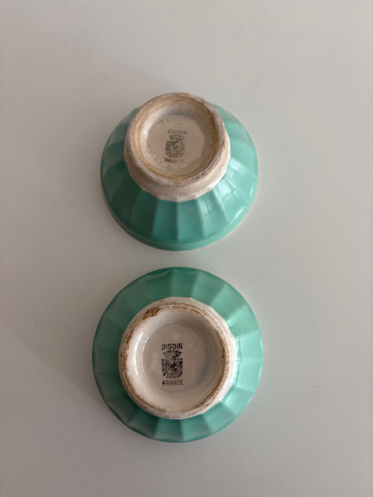 Vintage French Digoin Sarreguemines Mint Green Cafe au Lait Bowls Pair - Collector & Curator