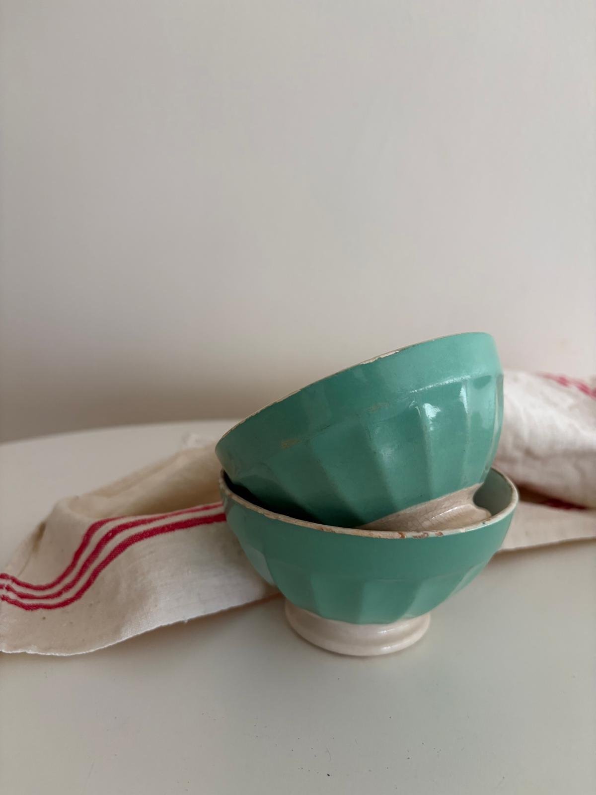 Vintage French Digoin Sarreguemines Mint Green Cafe au Lait Bowls Pair - Collector & Curator