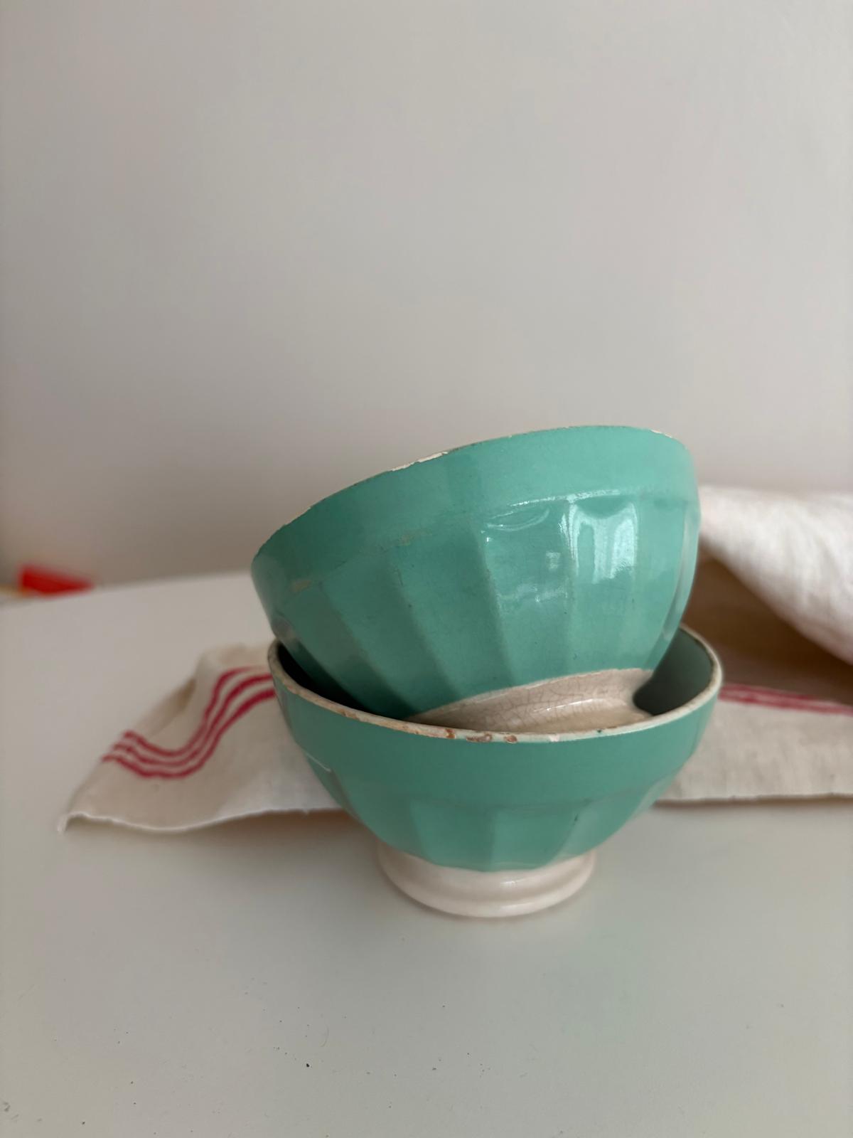 Vintage French Digoin Sarreguemines Mint Green Cafe au Lait Bowls Pair - Collector & Curator