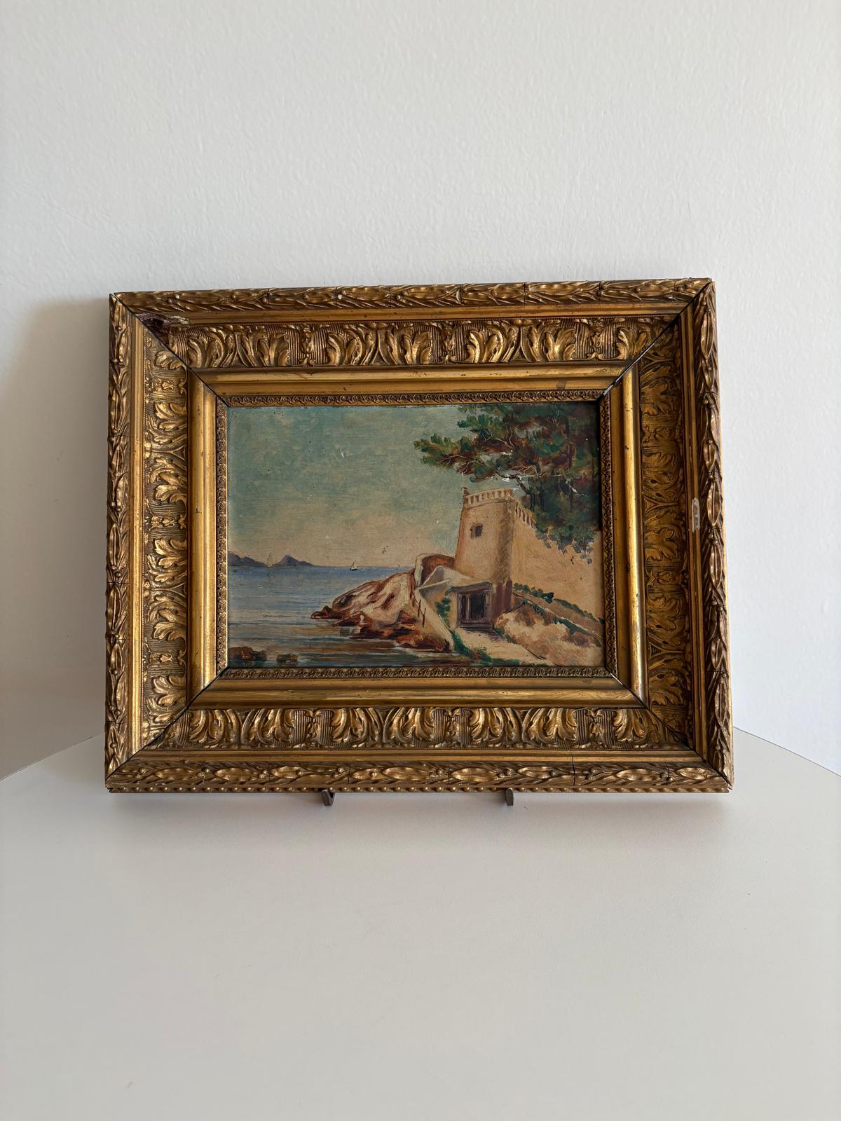 André Beuret Signed Oil on Board Landscape, Antique Mediterranean Coastal Landscape Oil Painting in Ornate Gilt Frame - Collector & Curator
