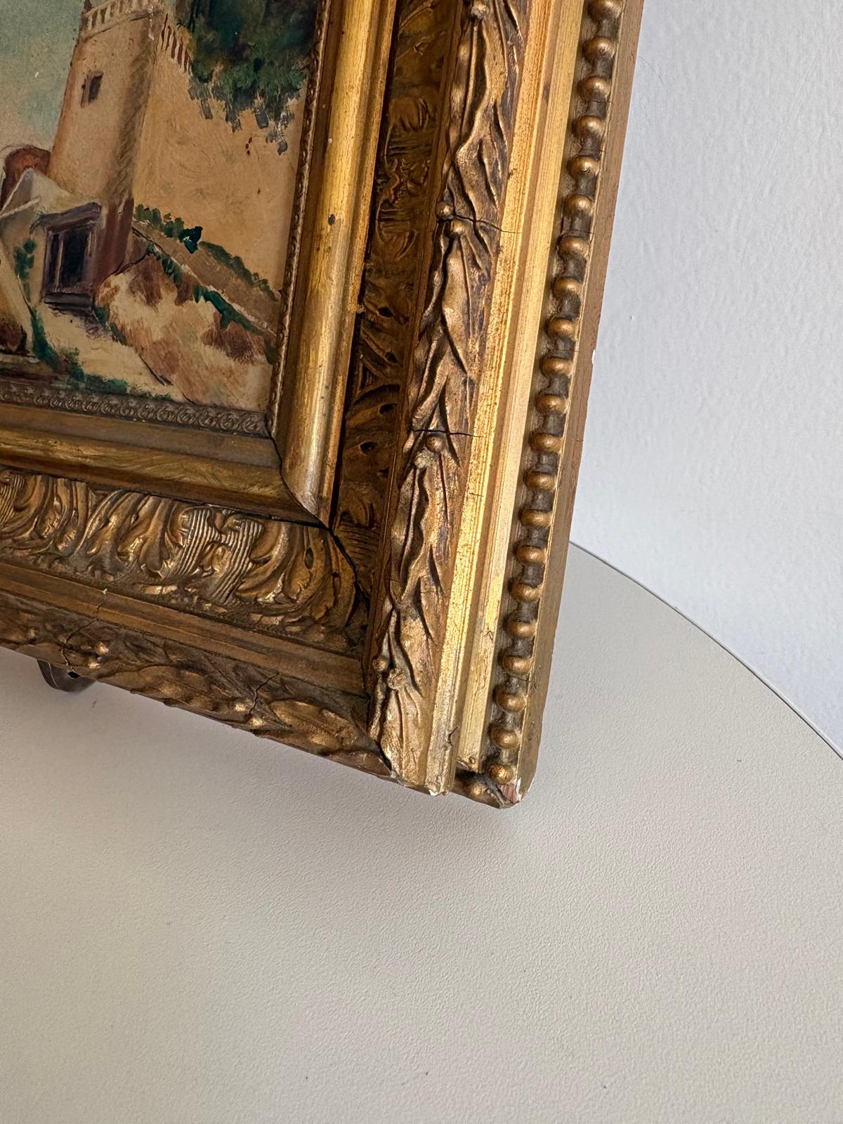 André Beuret Signed Oil on Board Landscape, Antique Mediterranean Coastal Landscape Oil Painting in Ornate Gilt Frame - Collector & Curator