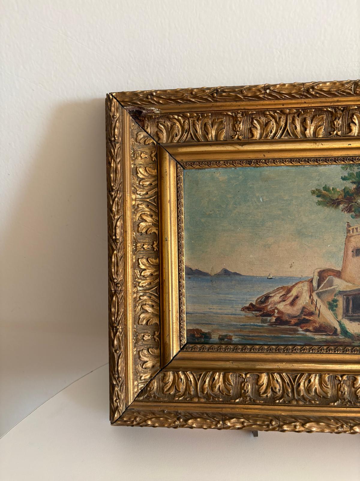 André Beuret Signed Oil on Board Landscape, Antique Mediterranean Coastal Landscape Oil Painting in Ornate Gilt Frame - Collector & Curator
