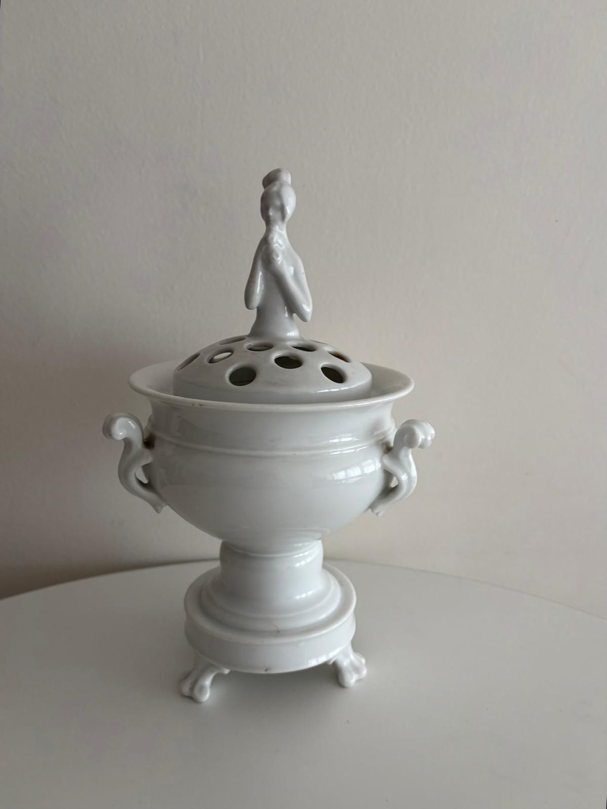 Vintage White Porcelain Potpourri Urn with Pierced Lid and Lady Finial - Collector & Curator
