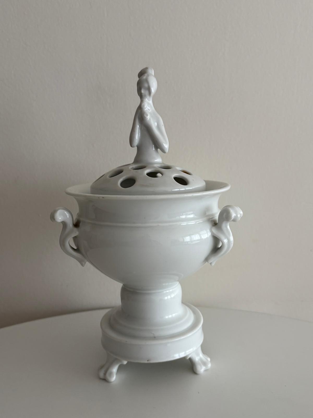 Vintage White Porcelain Potpourri Urn with Pierced Lid and Lady Finial - Collector & Curator