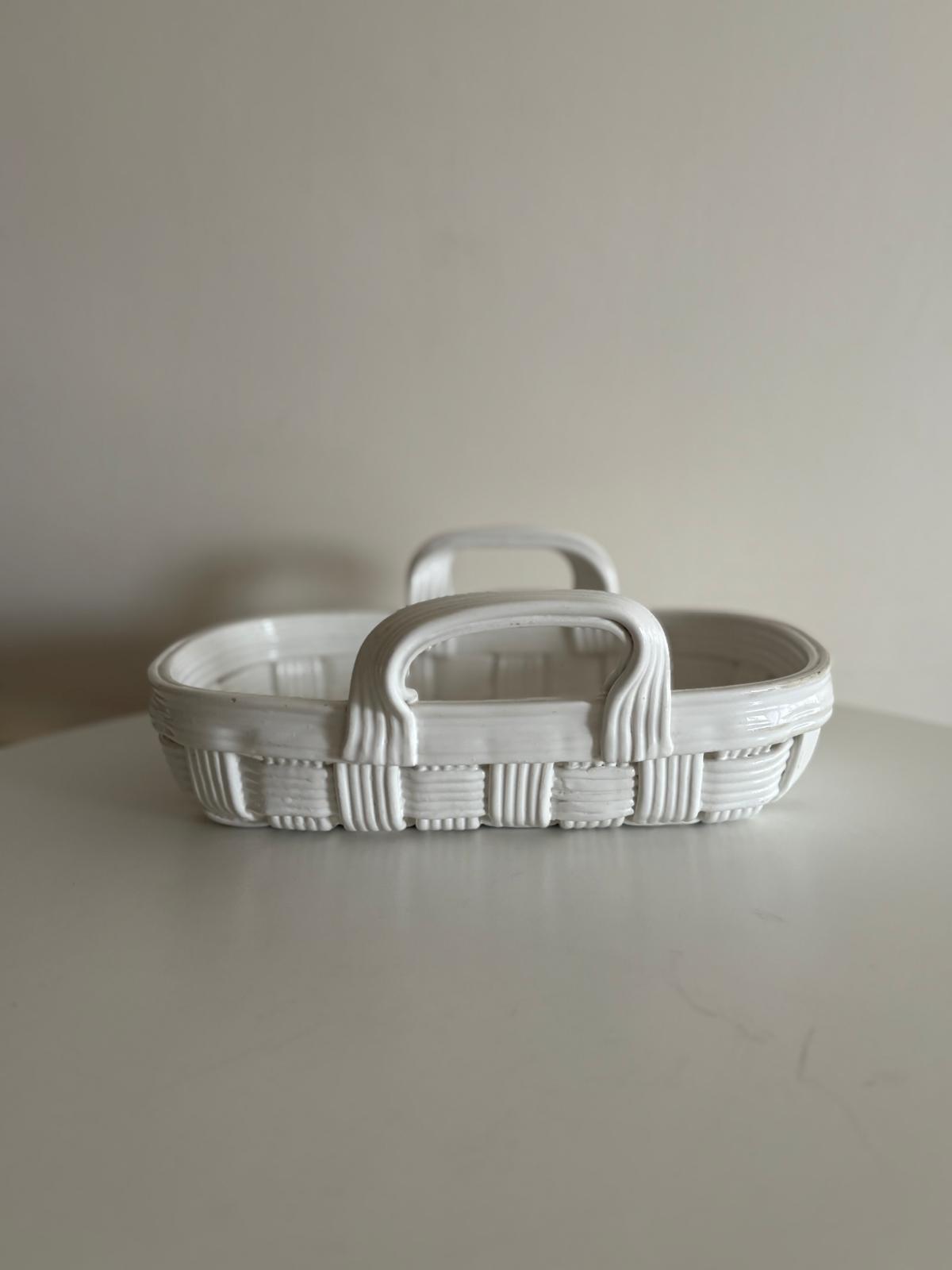 Vintage White Porcelain Potpourri Urn with Pierced Lid and Lady Finial,  Trompe L’Oeil Decorative Basket - Collector & Curator