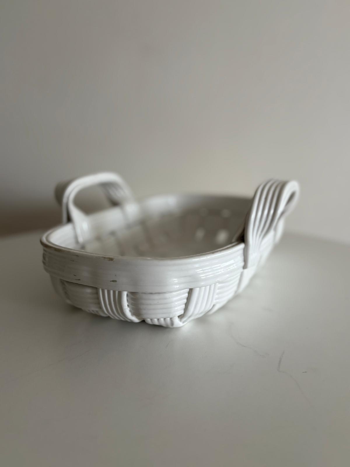 Vintage White Porcelain Potpourri Urn with Pierced Lid and Lady Finial,  Trompe L’Oeil Decorative Basket - Collector & Curator