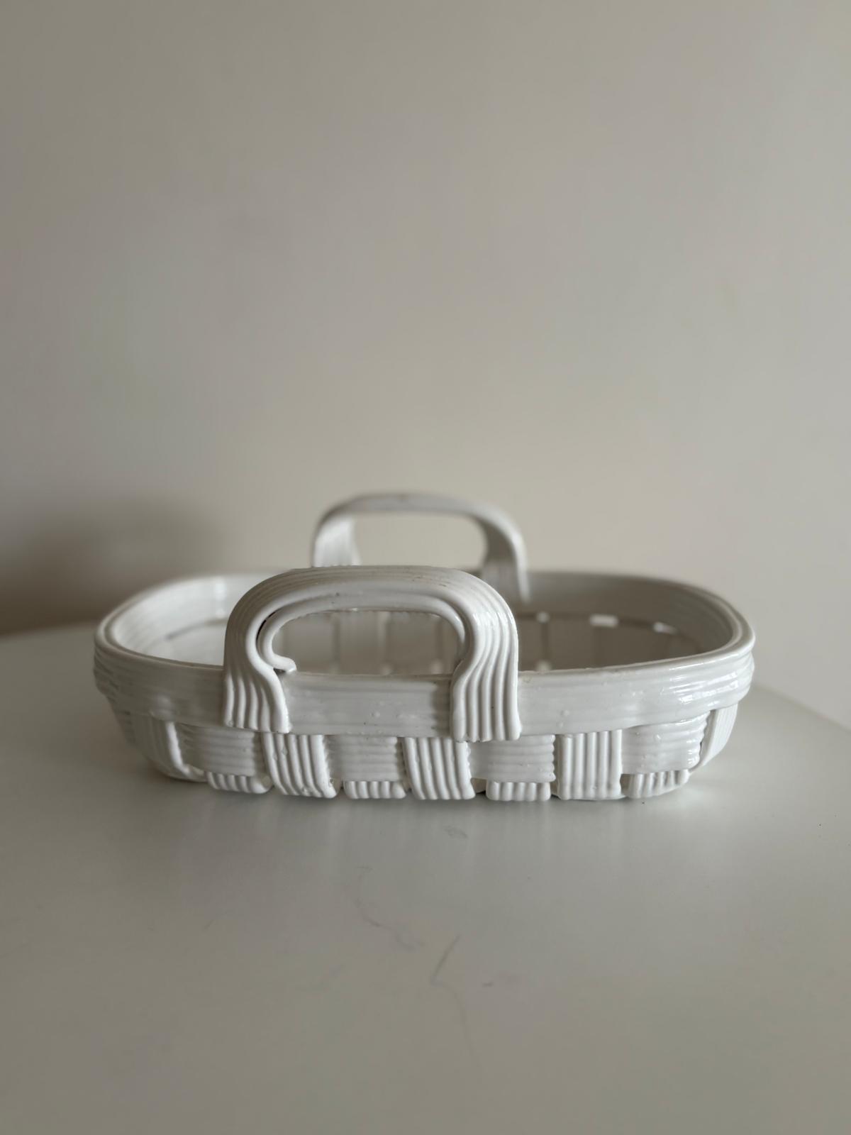 Vintage White Porcelain Potpourri Urn with Pierced Lid and Lady Finial,  Trompe L’Oeil Decorative Basket - Collector & Curator