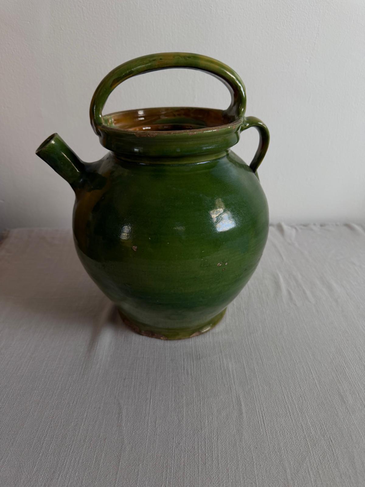 Green Glazed Gargoulette, Vintage Bülach Green Glass Jar with Lid"A","B" - Collector & Curator