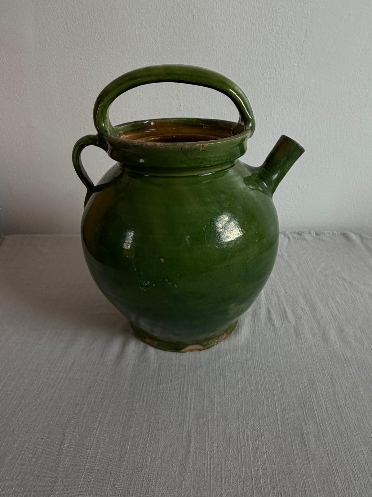 Green Glazed Gargoulette, Vintage Bülach Green Glass Jar with Lid"A","B" - Collector & Curator