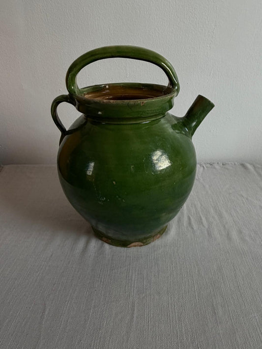 Green Glazed Gargoulette, Vintage Bülach Green Glass Jar with Lid"A","B" - Collector & Curator