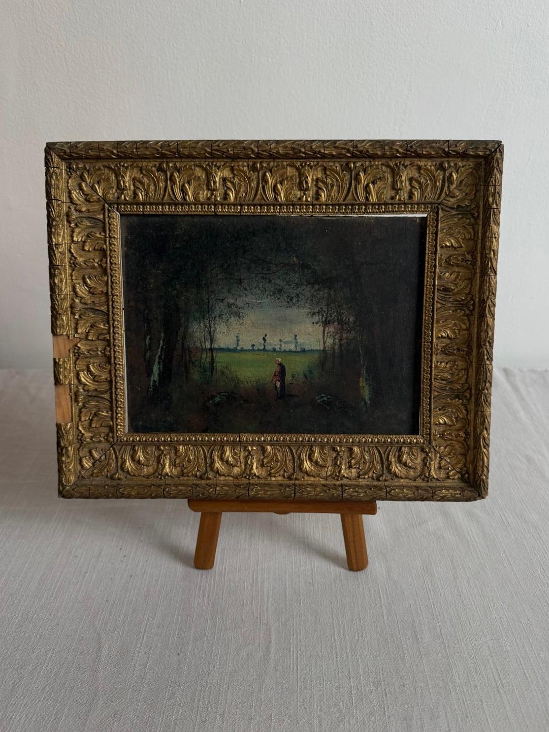 Handcarved Breadboard,  Antique Pink Majolica Plate,  Antique  Landscape Painting in Ornate Gilt Frame - Collector & Curator