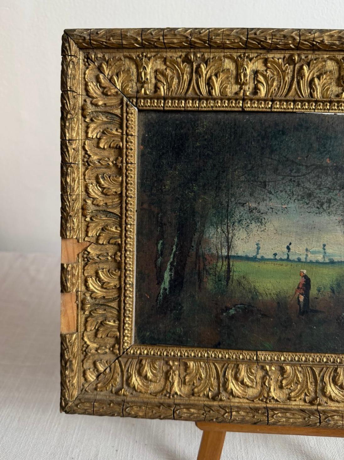 Handcarved Breadboard,  Antique Pink Majolica Plate,  Antique  Landscape Painting in Ornate Gilt Frame - Collector & Curator