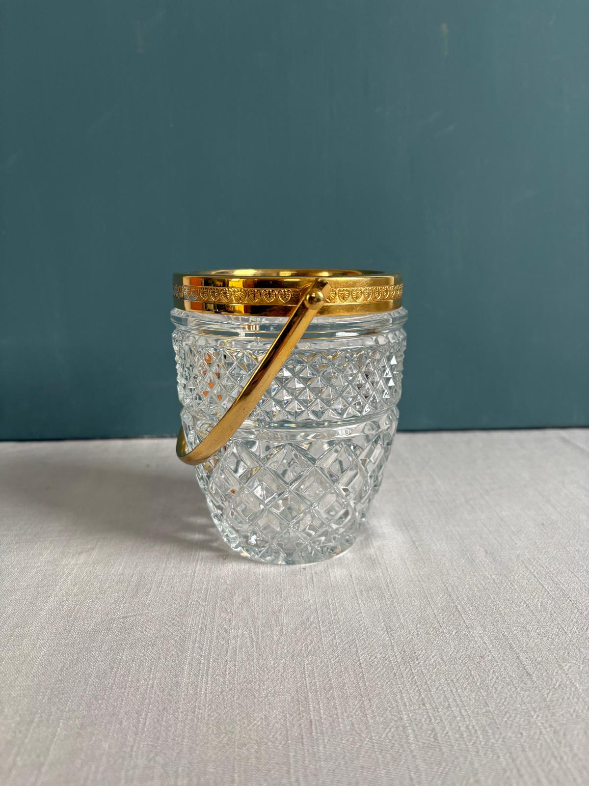 Orfèvrerie de France Silver Plated heating dish; Vintage cut glass ice bucket with gold-tone handle - Collector & Curator