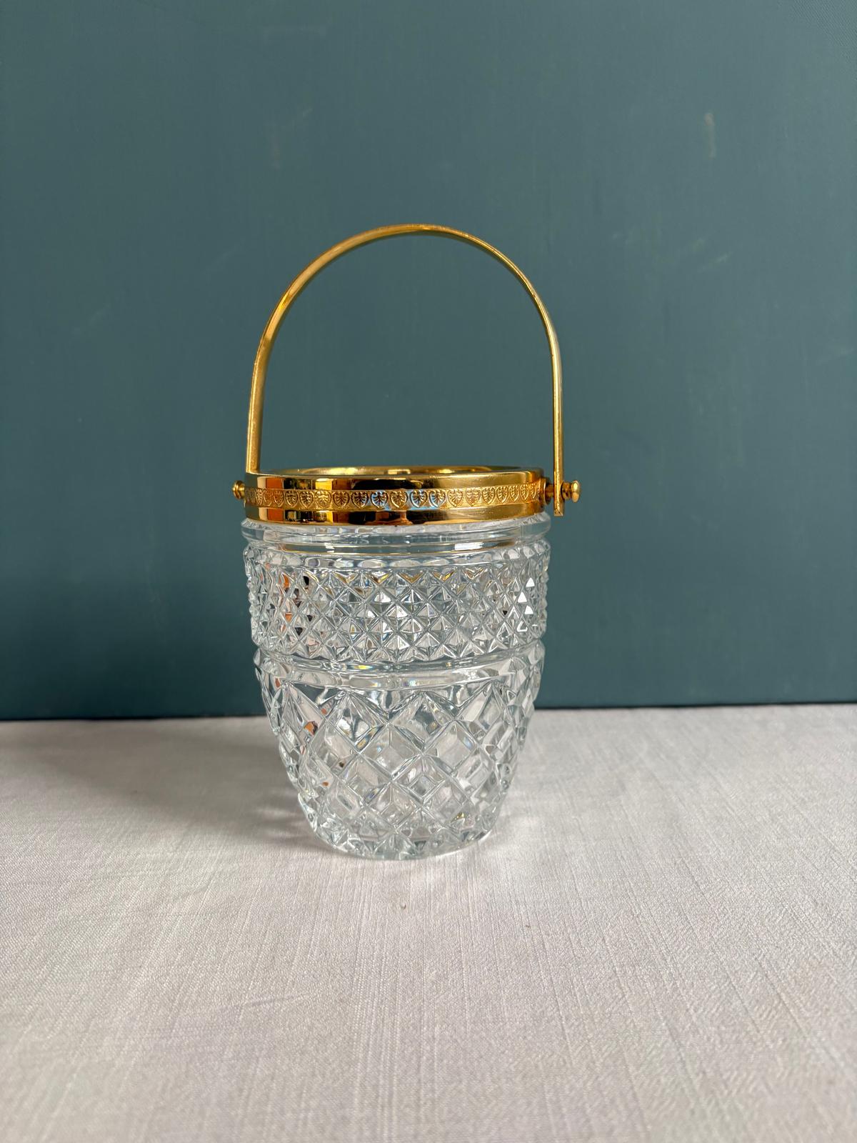 Orfèvrerie de France Silver Plated heating dish; Vintage cut glass ice bucket with gold-tone handle - Collector & Curator