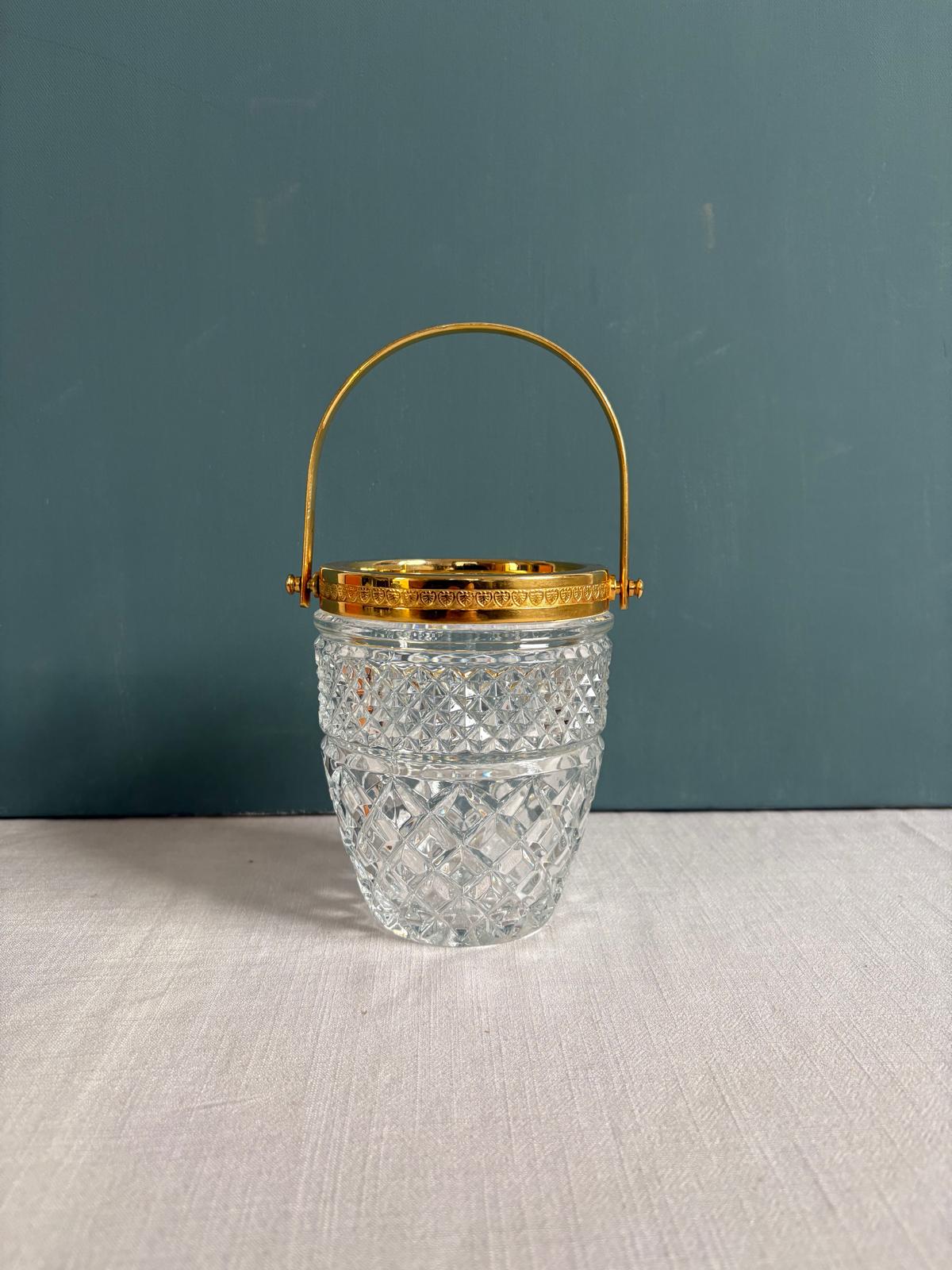 Orfèvrerie de France Silver Plated heating dish; Vintage cut glass ice bucket with gold-tone handle - Collector & Curator
