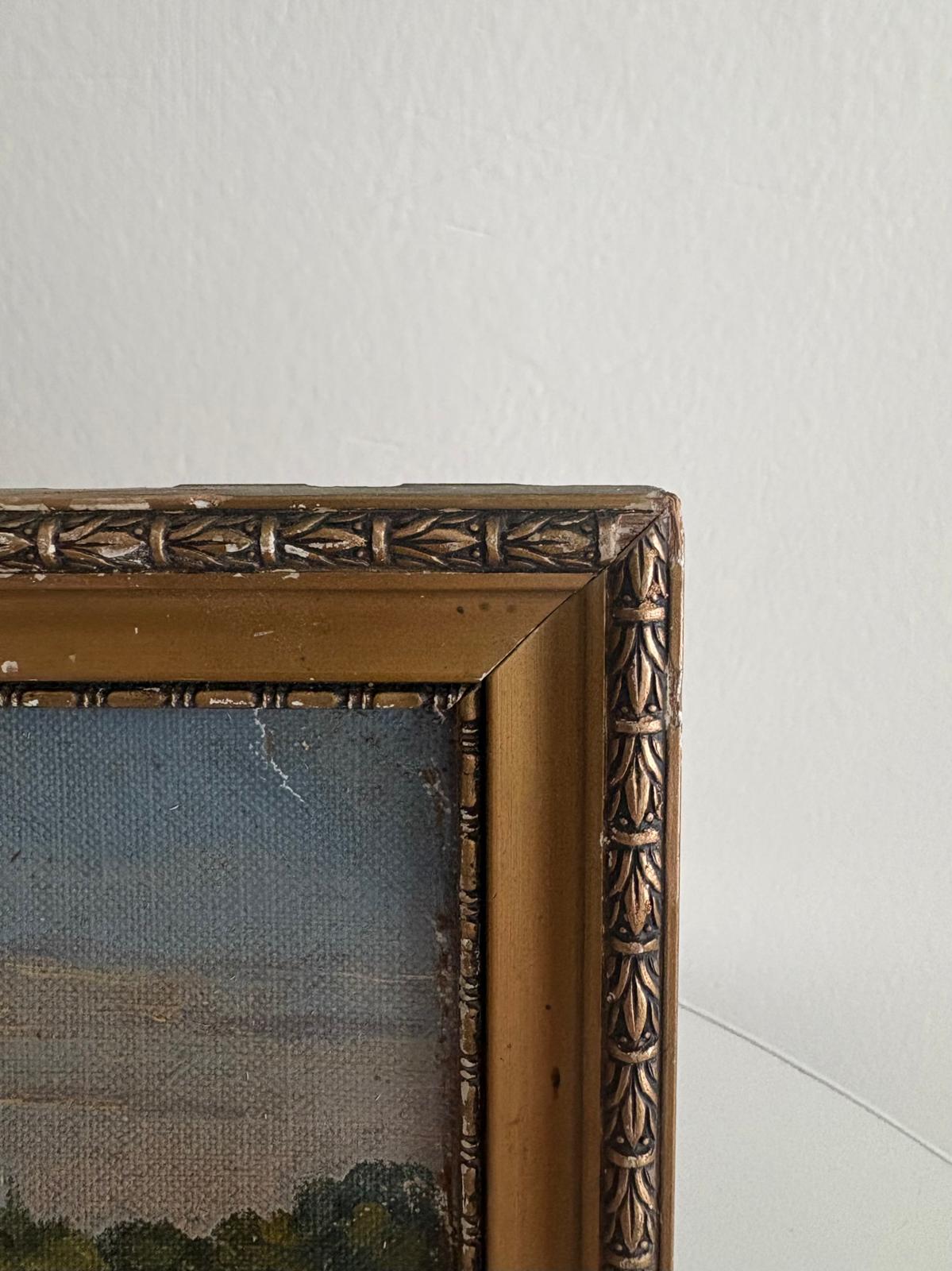 Antique French Landscape Oil Painting Gilt Frame Pastoral Scene