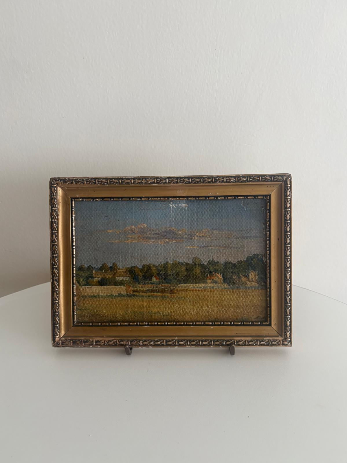 Antique French Landscape Oil Painting Gilt Frame Pastoral Scene