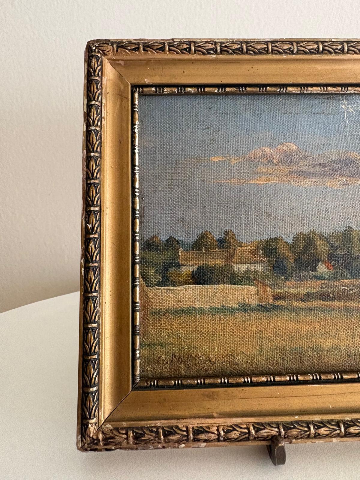 Antique French Landscape Oil Painting Gilt Frame Pastoral Scene
