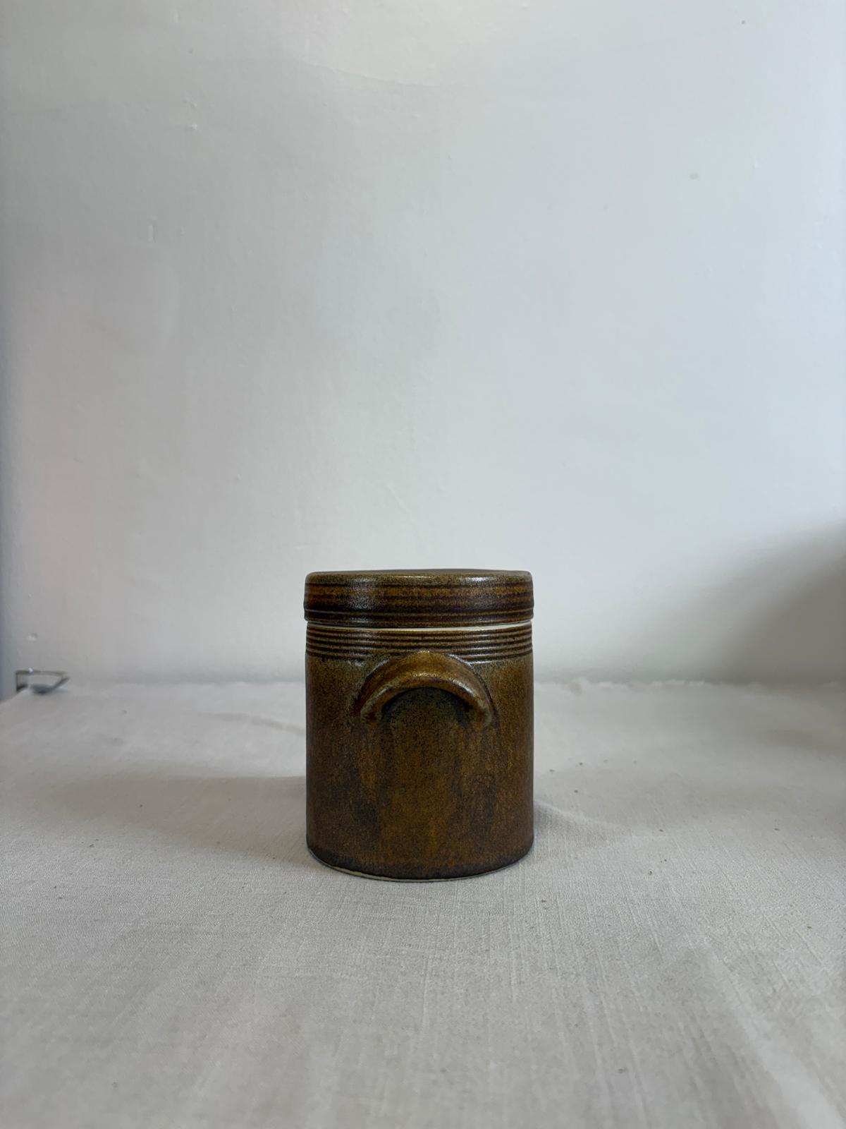 Vintage Wicker Gathering Basket with Arched Handle & Vintage French Confit Pot Lidded Stoneware Jar - Collector & Curator