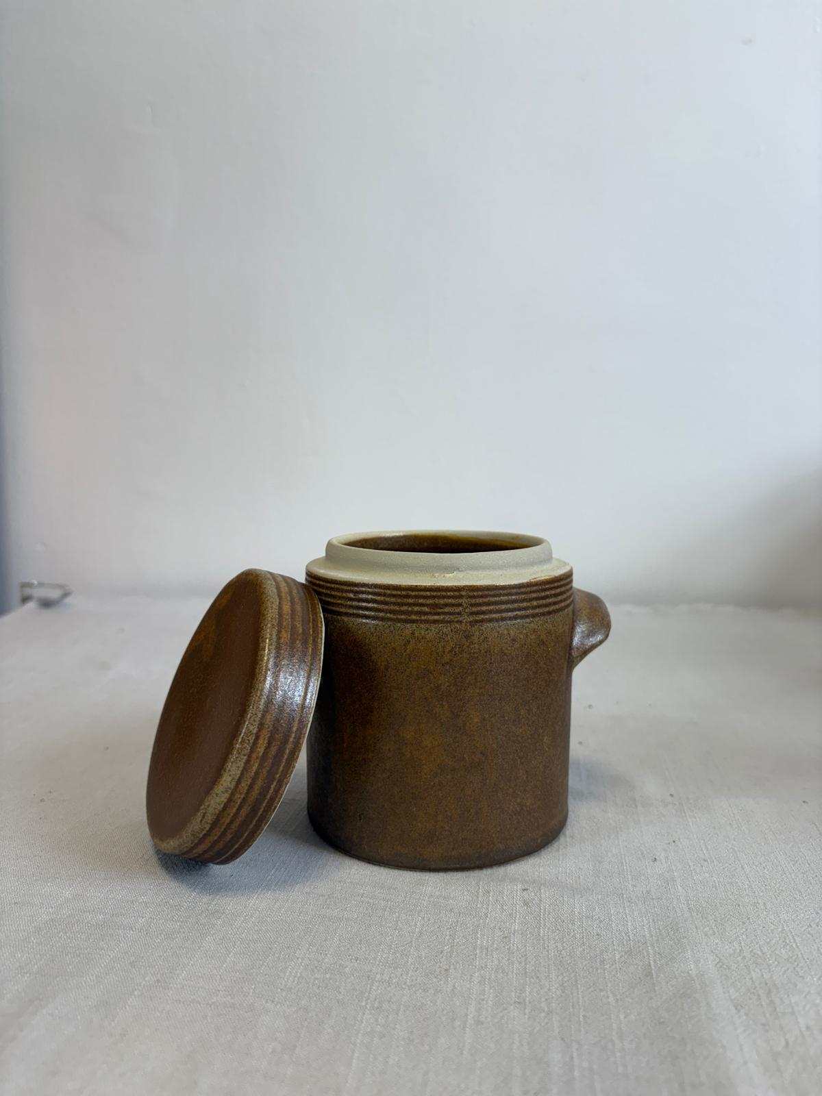 Vintage Wicker Gathering Basket with Arched Handle & Vintage French Confit Pot Lidded Stoneware Jar - Collector & Curator