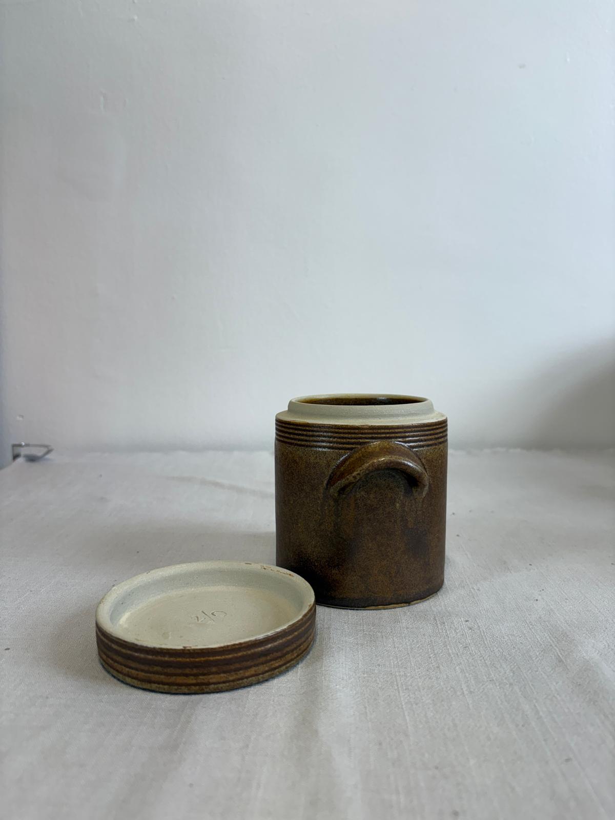 Vintage Wicker Gathering Basket with Arched Handle & Vintage French Confit Pot Lidded Stoneware Jar - Collector & Curator