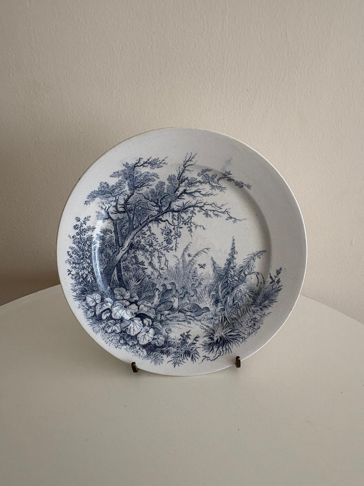Antique Sarreguemines “Sylva” U&C Plate "A"  Pheasants, "B", Silver Shell Dish, Wicker Shell Basket, Aquarium, Choisy le Roi Majolica Strawberry Plate - Collector & Curator