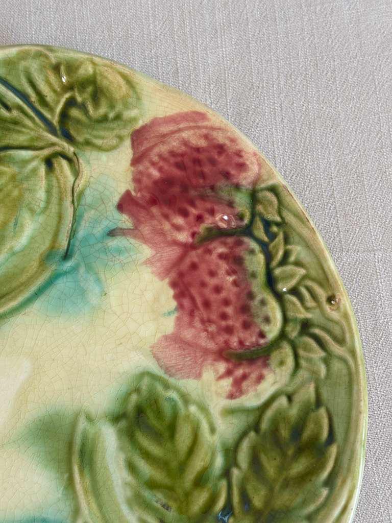 Antique Sarreguemines “Sylva” U&C Plate "A"  Pheasants, "B", Silver Shell Dish, Wicker Shell Basket, Aquarium, Choisy le Roi Majolica Strawberry Plate - Collector & Curator