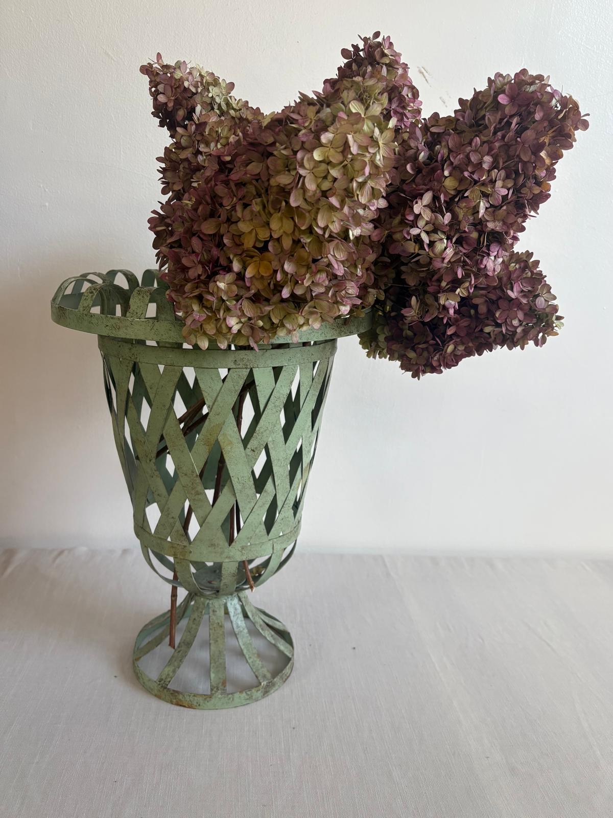 Vintage Neoclassical Style Metal Garden Urn Planter with Lattice Design and Pedestal Base - Collector & Curator