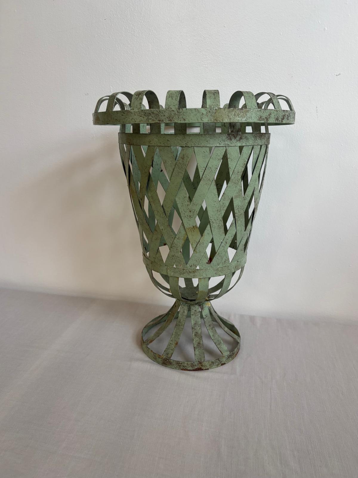 Vintage Neoclassical Style Metal Garden Urn Planter with Lattice Design and Pedestal Base - Collector & Curator