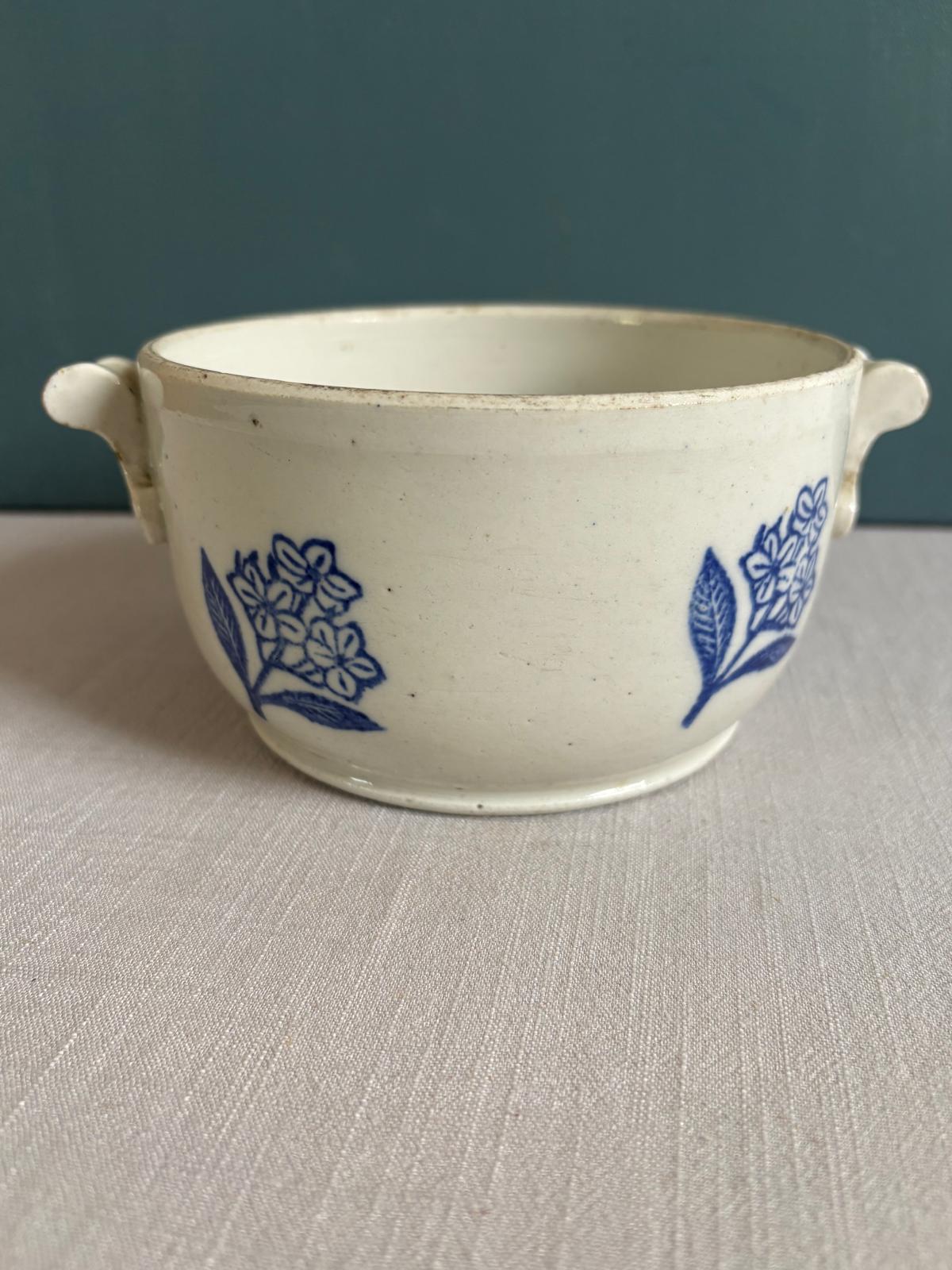 Antique Saint-Uze Handled Bowl with Blue Floral Motif - Collector & Curator