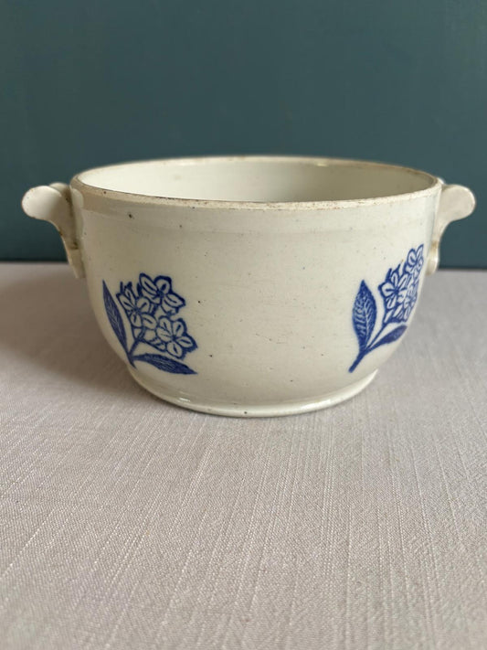 Antique Saint-Uze Handled Bowl with Blue Floral Motif - Collector & Curator