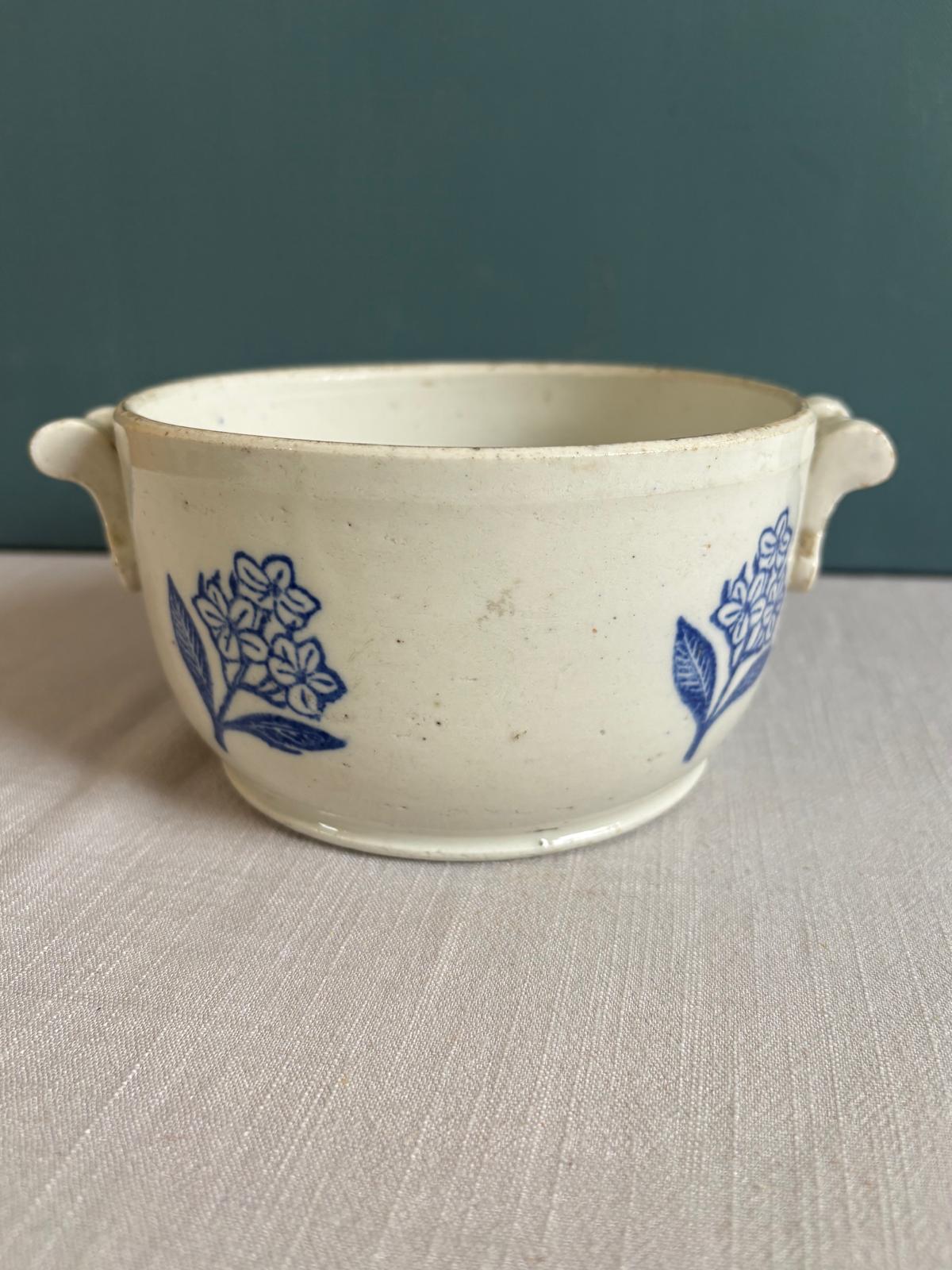 Antique Saint-Uze Handled Bowl with Blue Floral Motif - Collector & Curator
