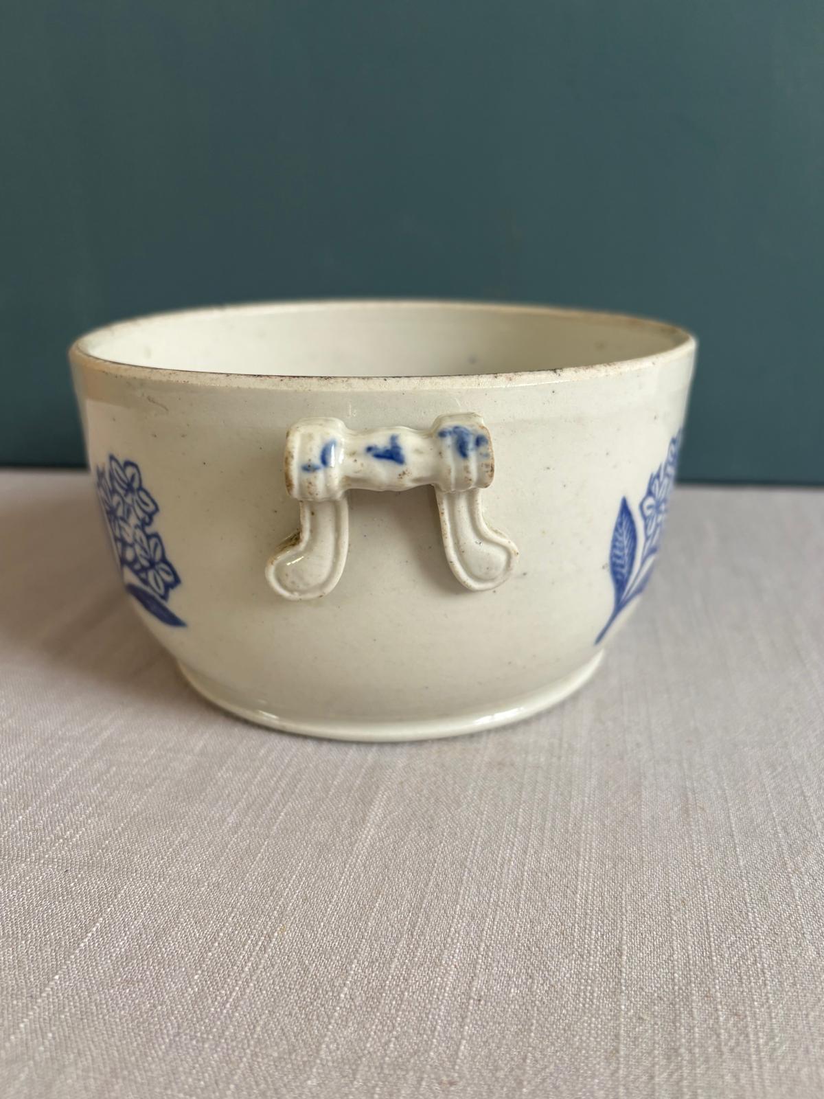 Antique Saint-Uze Handled Bowl with Blue Floral Motif - Collector & Curator
