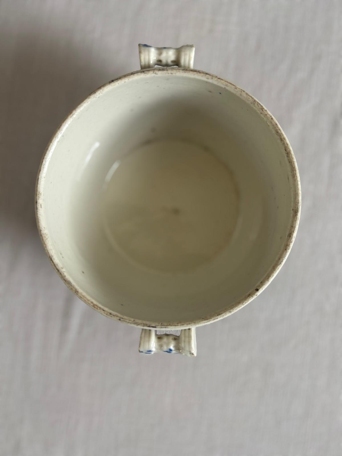 Antique Saint-Uze Handled Bowl with Blue Floral Motif - Collector & Curator