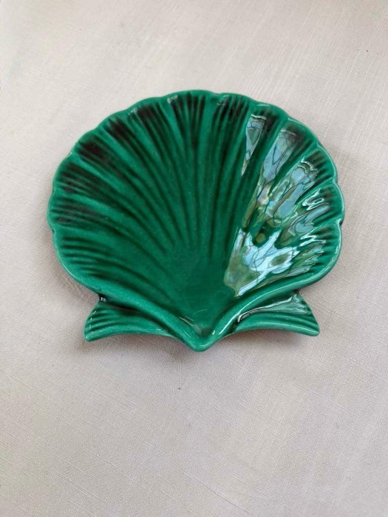 Impressionist Style Harbor Scene;  Vintage Green Majolica Scallop Shell Dish; Muffin Snail Sculpture; Vintage Salins France  Oyster Plate; Vintage Seashell Art Souvenir - Collector & Curator