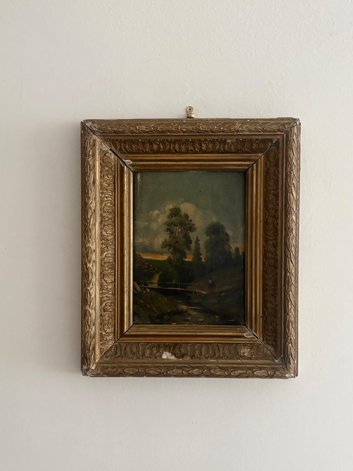Antique Landscape Oil Painting on Wood Panel with Gilt Frame, Bridge Scene, c. 1900 - Collector & Curator