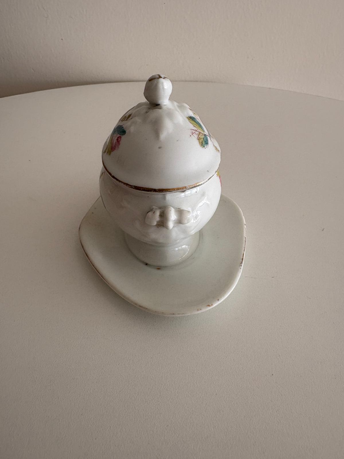 Antique French Porcelain Mustard Pot with Roses