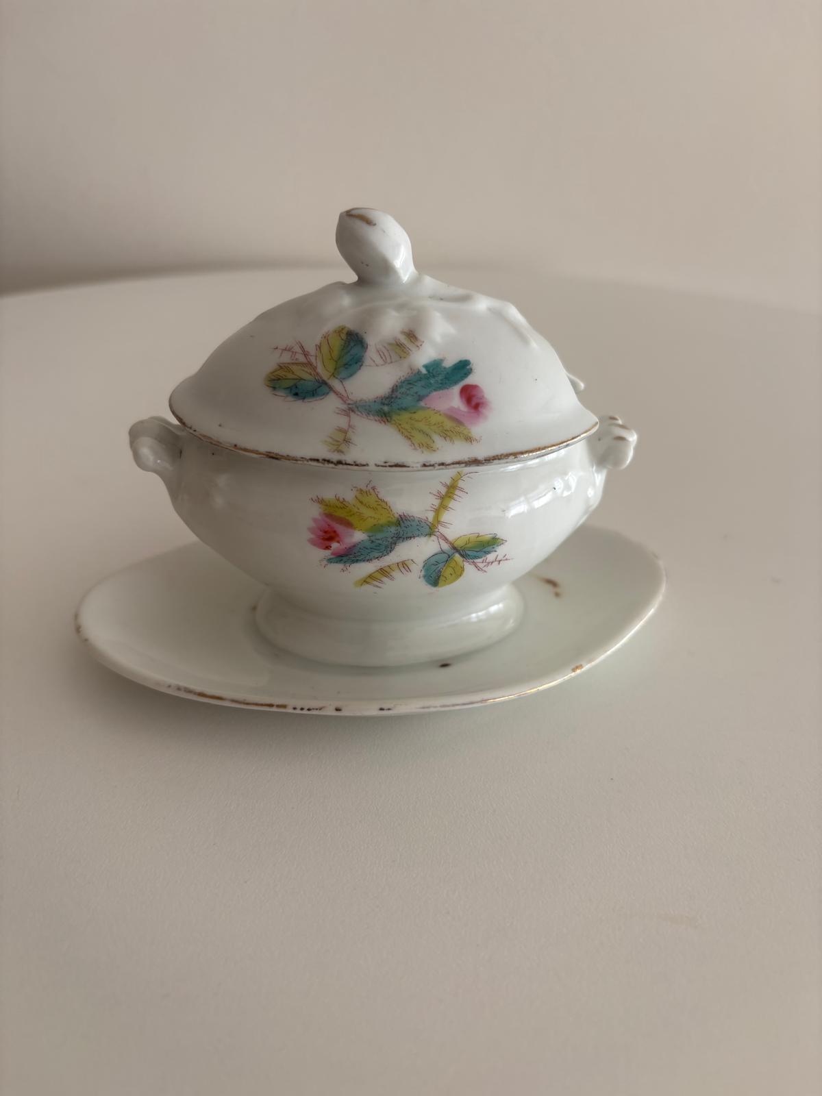 Antique French Porcelain Mustard Pot with Roses