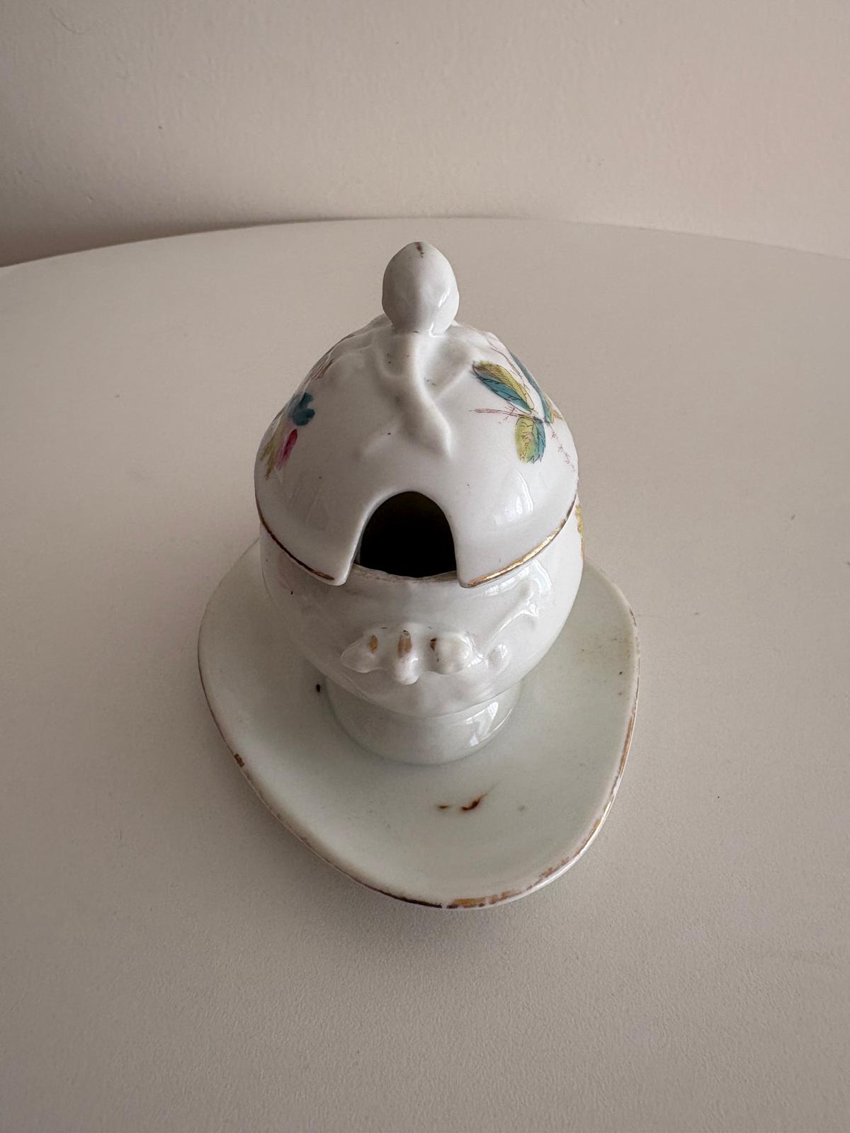 Antique French Porcelain Mustard Pot with Roses