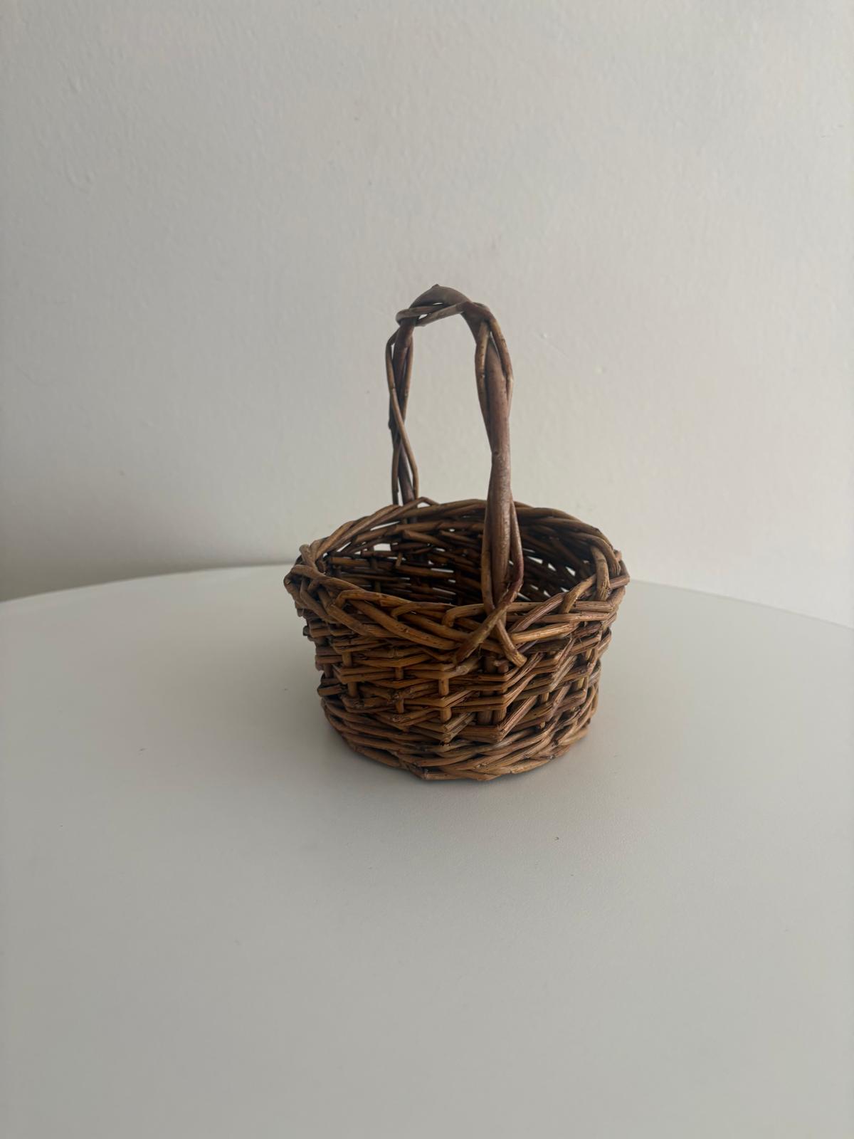 Antique Marguerite Floral Still Life Oil on Canvas, French Handwoven Wicker Wall Pocket Basket; Small Antique French Handwoven Gathering Basket with Handle