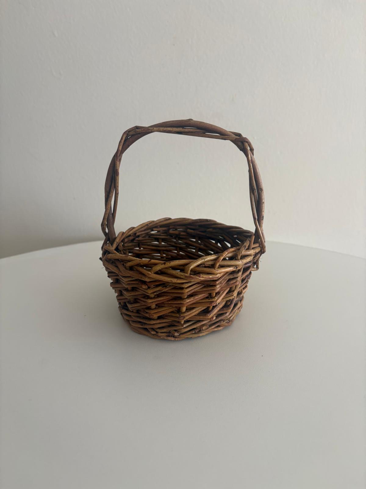 Antique Marguerite Floral Still Life Oil on Canvas, French Handwoven Wicker Wall Pocket Basket; Small Antique French Handwoven Gathering Basket with Handle
