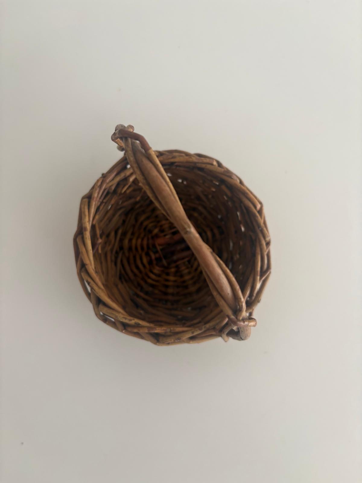 Antique Marguerite Floral Still Life Oil on Canvas, French Handwoven Wicker Wall Pocket Basket; Small Antique French Handwoven Gathering Basket with Handle