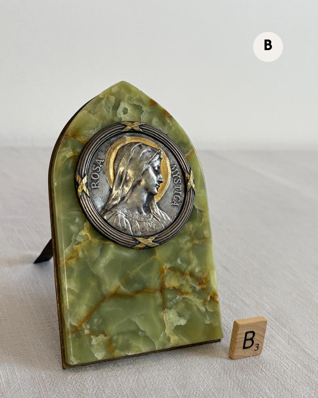 Antique French Alabaster  “Souvenir de La Salette” Plaque; B. French Onyx & Metal “Rosa Mystica”  Devotional Plaque by Dropsy;  H. French Madonna Plaque  on Alabaster Stand - Collector & Curator