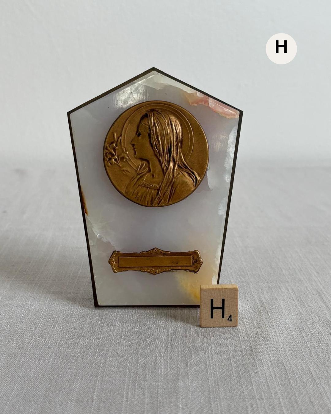 Antique French Alabaster  “Souvenir de La Salette” Plaque; B. French Onyx & Metal “Rosa Mystica”  Devotional Plaque by Dropsy;  H. French Madonna Plaque  on Alabaster Stand - Collector & Curator