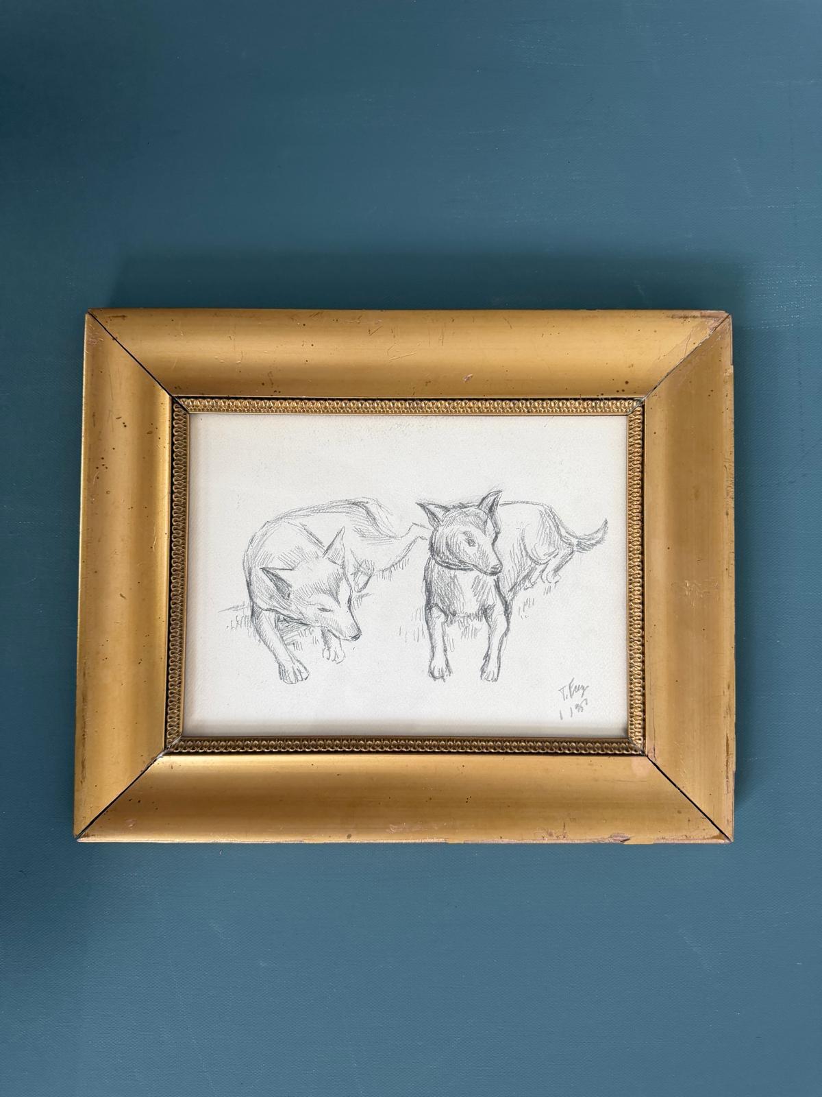 French Champagne Bottle Mustard Jar "C"; Dog Sketch in Gold Wood Frame; Vintage Signed Reidel Hand Colored Etching of Mont Saint Michel - Collector & Curator